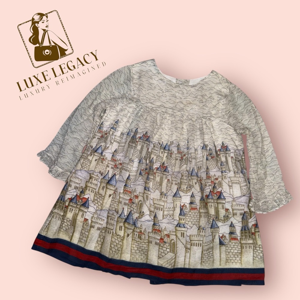 Gucci Kids Castle Print Dress - Cream and Blue